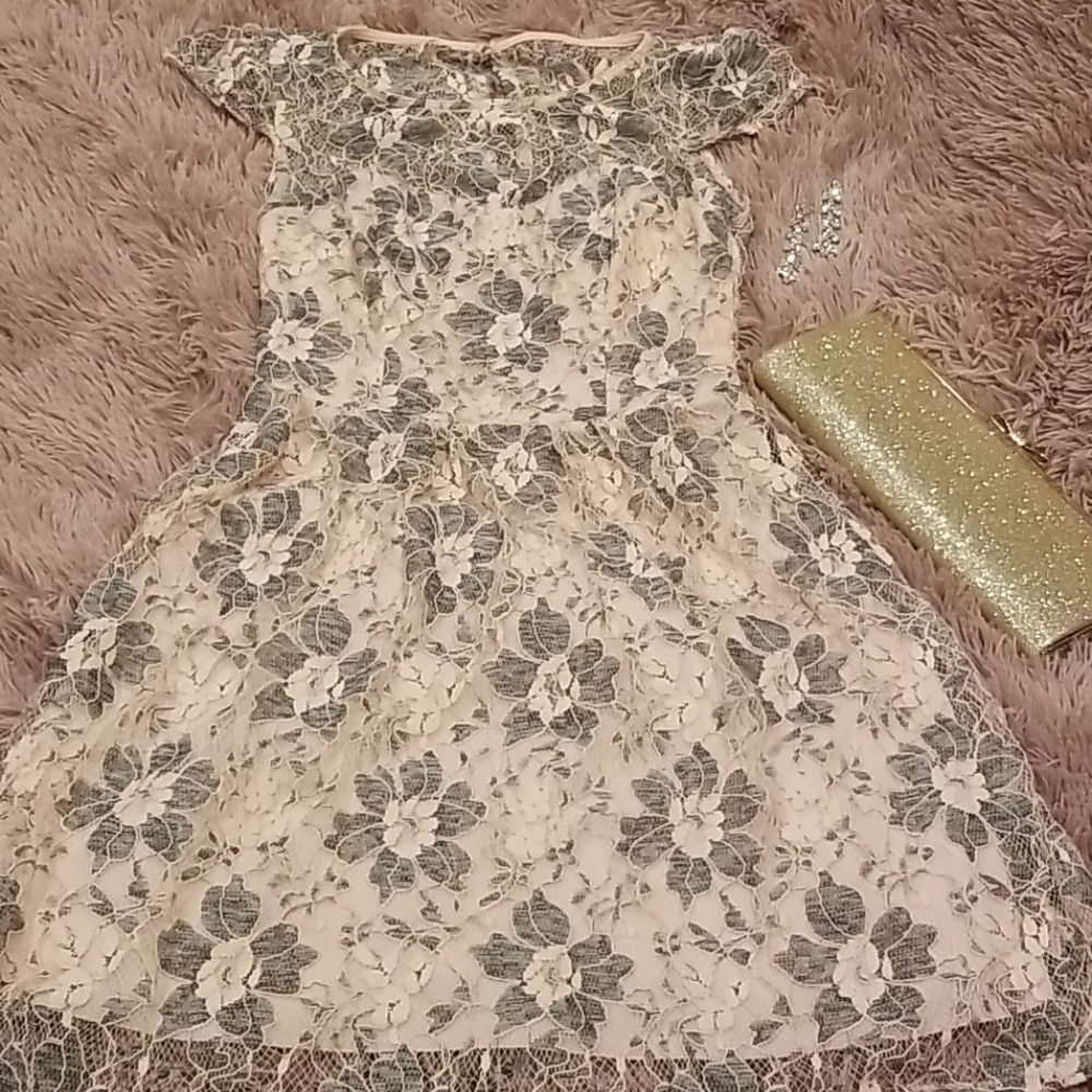 **$$3/12$$**--Pink & Gray A-Line Floral Lace Capsleeve Dress